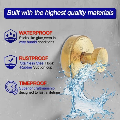 Bntuk Suction Cup Hooks - Removable Towel Hooks for Bathroom & Shower | 4 Pack, Gold Finish