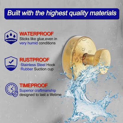 Bntuk Suction Cup Hooks - Removable Towel Hooks for Bathroom & Shower | 4 Pack, Gold Finish
