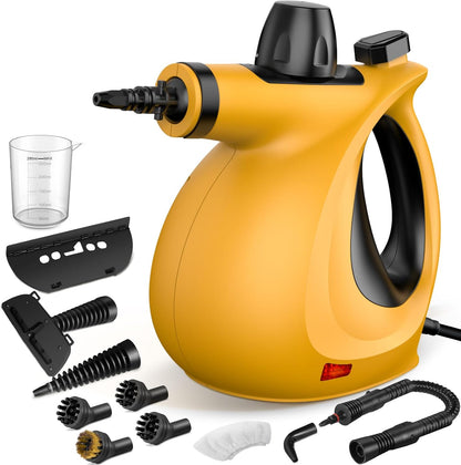 Pressurized Handheld Multi-Surface Natural Steam Cleaner with 12 pcs Accessories, Multi-Purpose Steamer for Home Use, Steamer for Cleaning Floor, Upholstery, Grout and Car (Grey) (Orange)