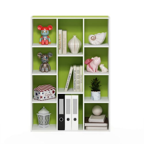Furinno LUDER Book Shelf, 11-Cube Bookshelf, Reversible Bookcase, 9.4 x 29.1 x 41.7, Easy Assembly, for Living Room, Bedroom, Home Office, White/Green