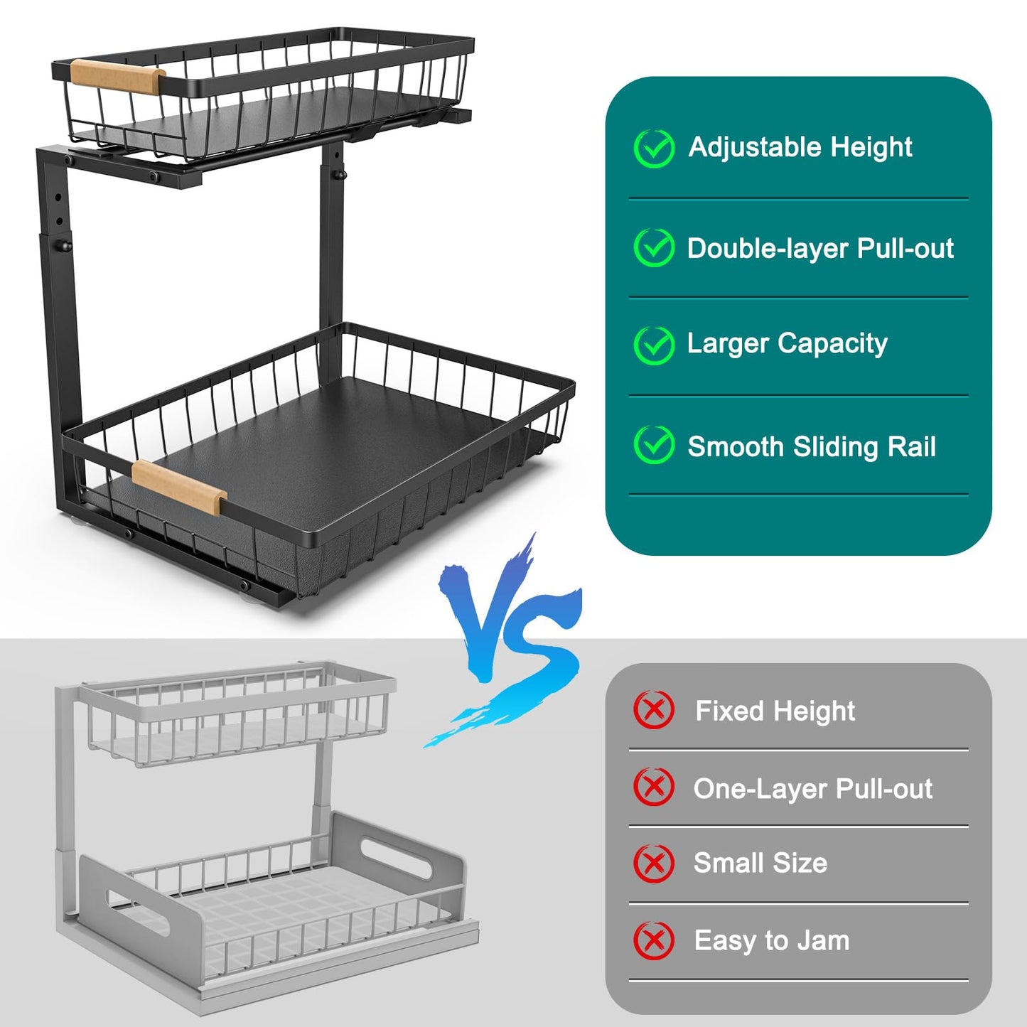 NATURE'S SOURCE Under Sink Organizers and Storage 1 Pack Height Adjustable 2 Tier Pull Out Cabinet Organizer Metal Slide Out Under Bathroom Kitchen Sink Organizers and Storage (Black, 1 pack)