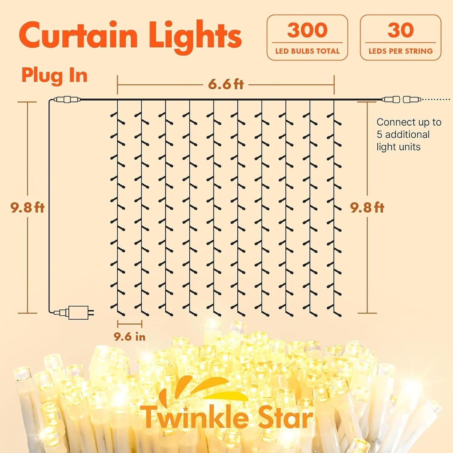 Twinkle Star 300 LED Curtain String Lights - 8 Modes Fairy Lights for Bedroom & Party | Warm White Decor