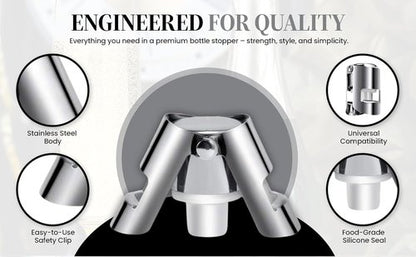 Champagne Stoppers -Stainless steel Wine Bottle stopper-Durable with Leak-Proof Seal for Sparkling Wine Bottles - Perfect for Celebrations and Special Occasions (Silver, 2 pack).