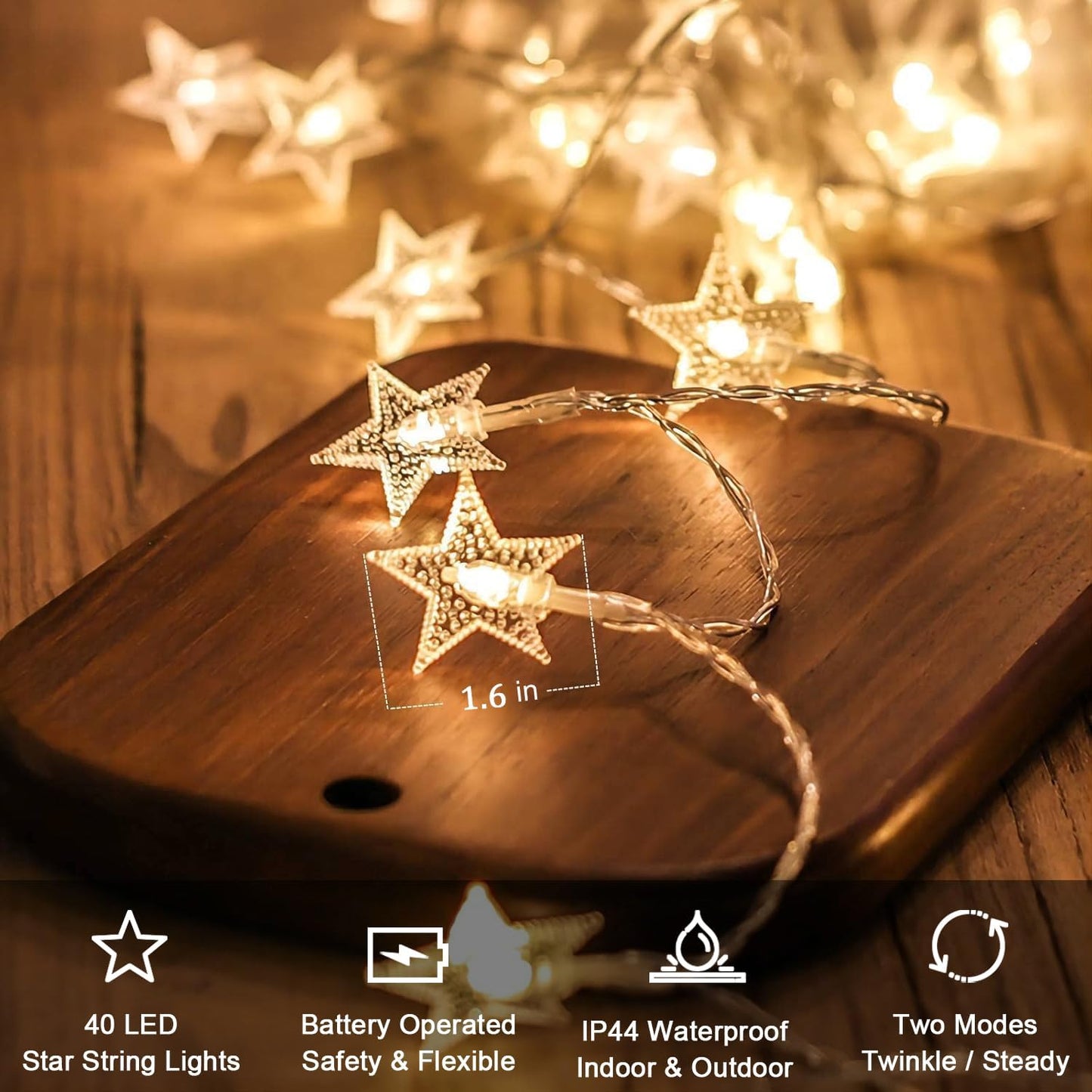 Star String Lights - 20 FT 40 LED Battery Operated Twinkle Lights | Warm White Star Fairy Lights for Home, Bedroom, and Outdoor Decor