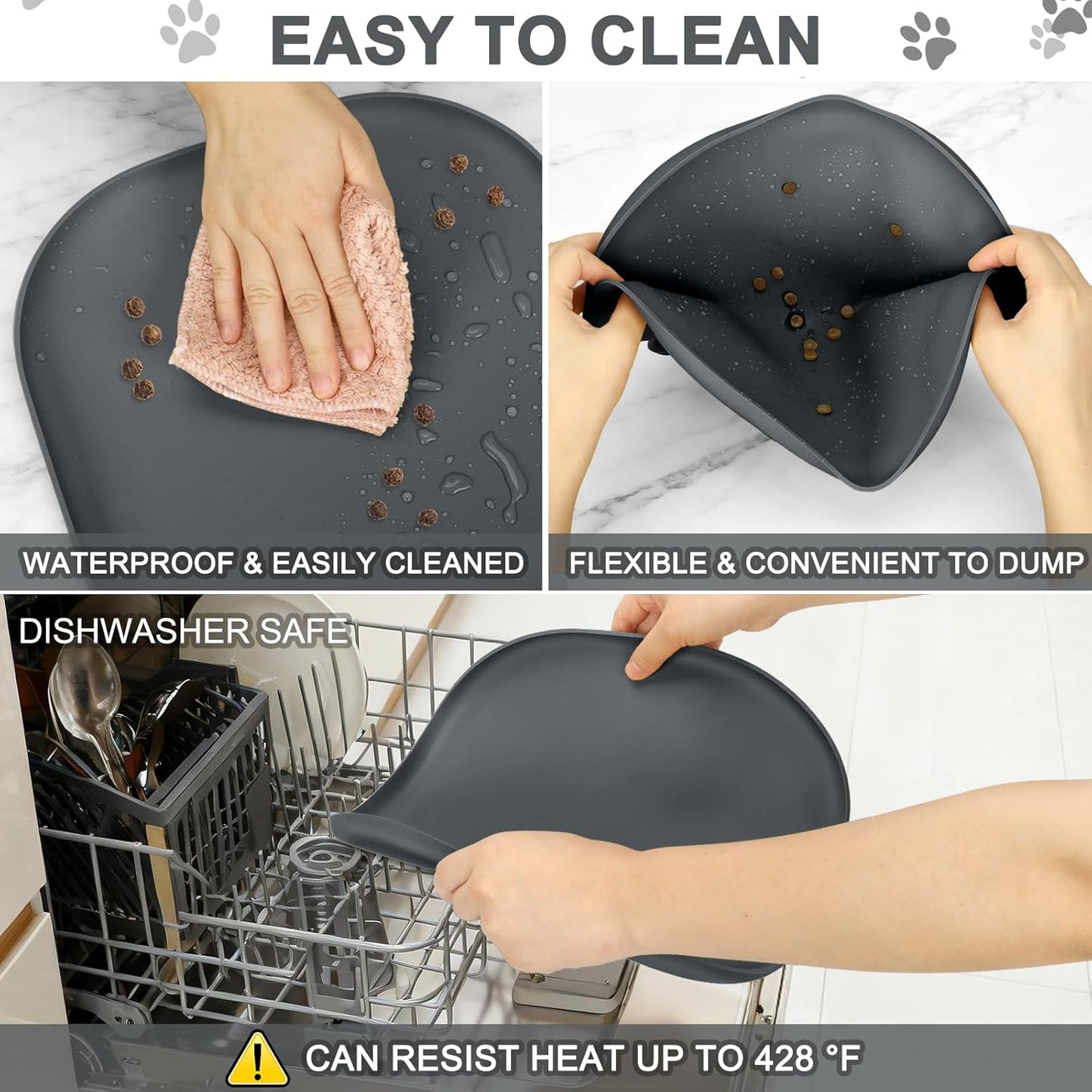 Skiennix Small Silicone Pet Food Mat - Waterproof Design with Raised Edges | 12 x 12 x 0.7 Dark Grey