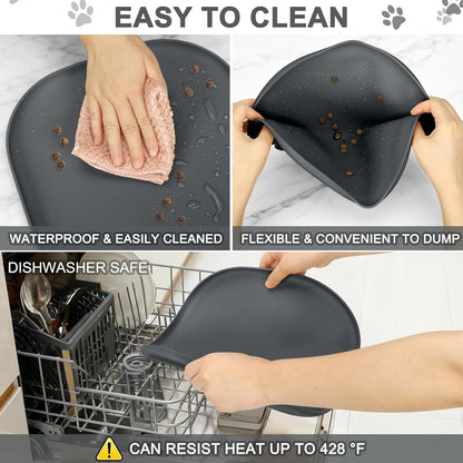Skiennix Small Silicone Pet Food Mat - Waterproof Design with Raised Edges | 12 x 12 x 0.7 Dark Grey