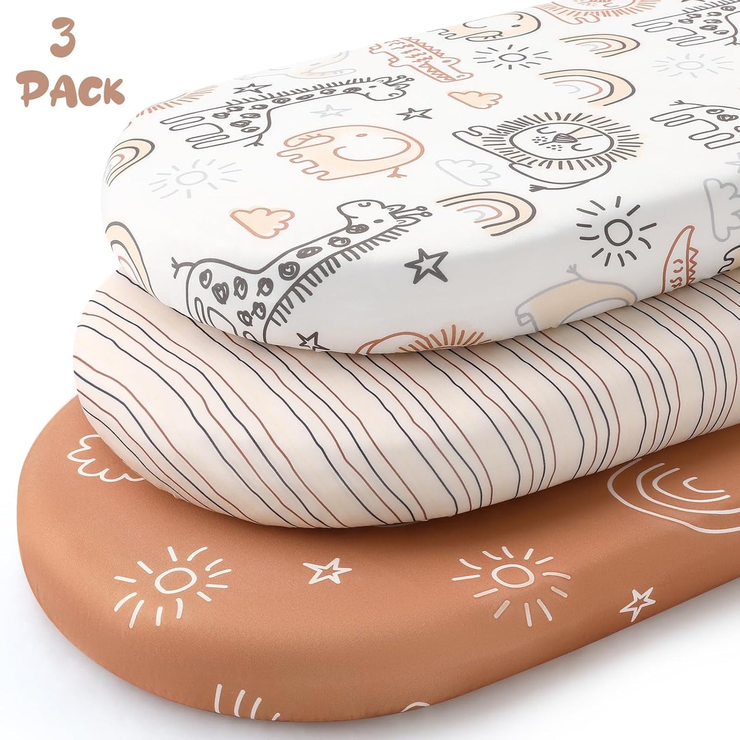 Yoofoss Bassinet Sheets - 3-Pack Fitted Sheets for Halo, Baby Delight & Angelbliss | Soft, Breathable Design (Brown & Animals)