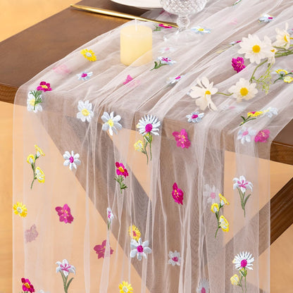 Socomi Floral Table Runner - Summer Wildflower Embroidery | Sheer Tulle for Weddings & Parties