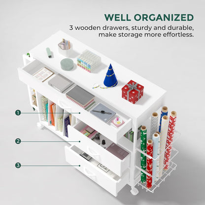Skiennix Wrapping Paper Organizer - Stylish Craft Cart with Ribbon & Gift Bag Storage | 3 Wooden Drawers - White