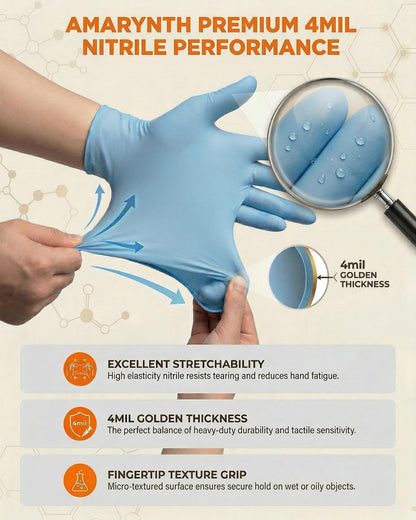 Amarynth Premium Disposable Gloves - 4 Mil Latex-Free & Powder-Free with Textured Fingertips | 100 Count