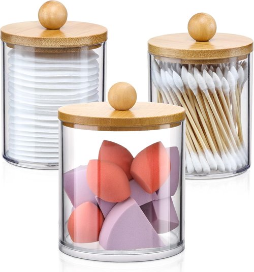 Apothecary Jar Qtip Holder Dispenser - 3 Pack Bamboo Lids Vanity Organizer for Bathroom Accessories