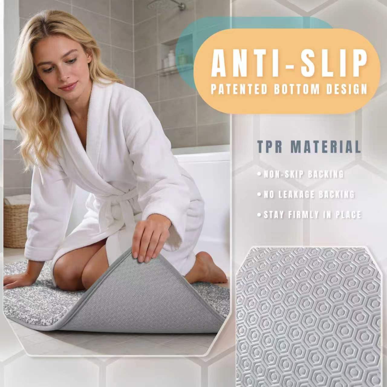 Yimobra Anti-Fatigue Non Slip Bathroom Rugs – Cushioned Dense Elastic Microfiber Bath Mat for Pressure Relief, Comfort for Tired Feet, Soft Absorbent Machine Washable, 24" x 17", Grey and White