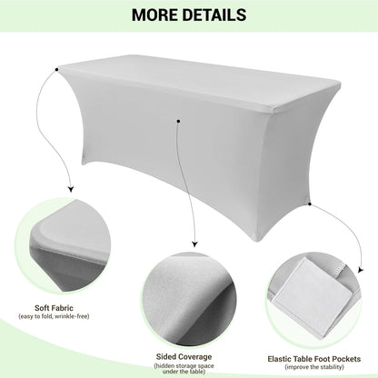 Obstal 6 Pack Stretch Spandex Table Covers - 6 FT Rectangular Fitted Tablecloths for Weddings & Parties | Silver