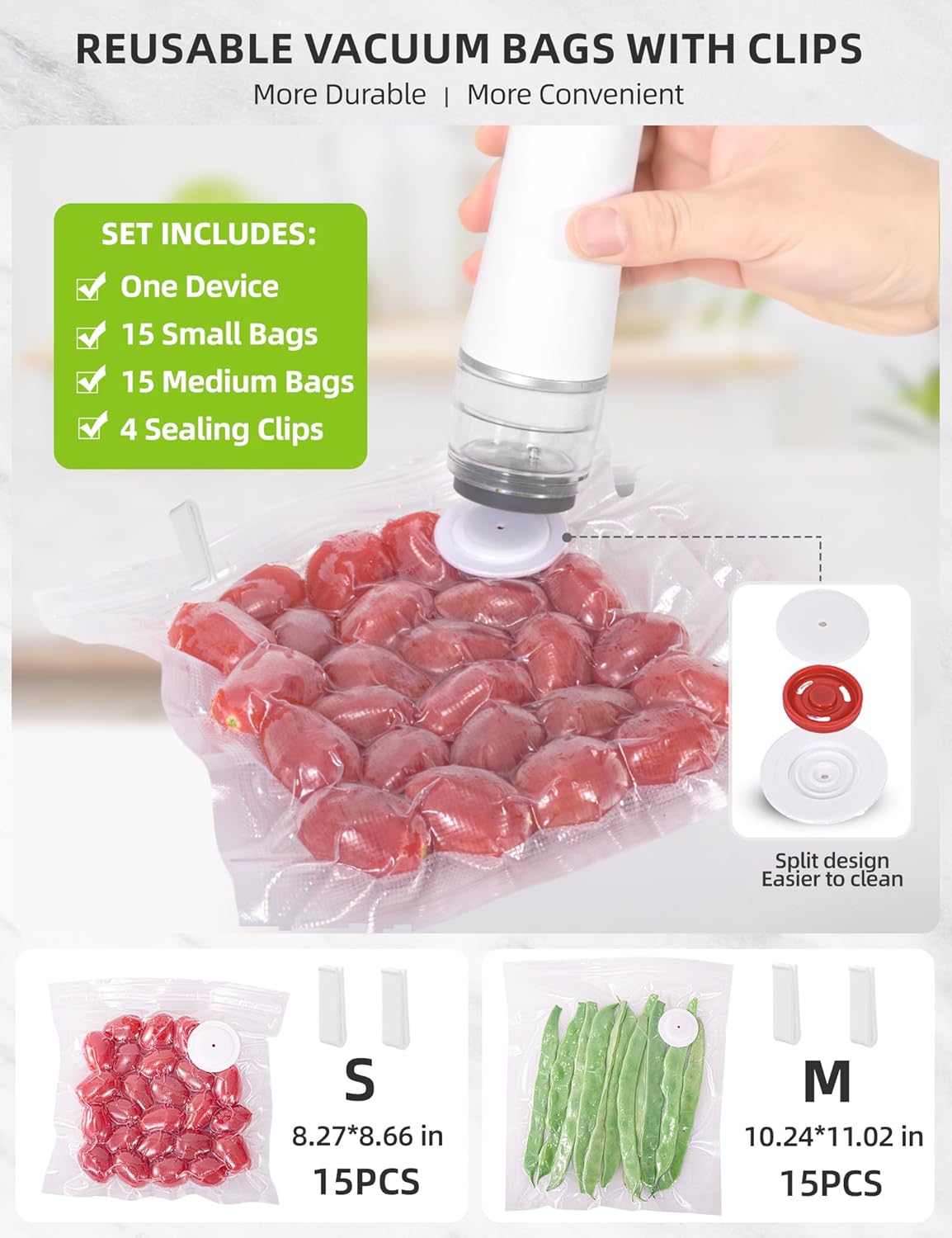 Skiennix Vacuum Sealer Set - Handheld Food Sealer with 30 Reusable Bags | Portable & Compact Design, Auto-Stop Feature