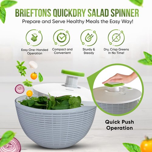 Brieftons 6.2-Quart Salad Spinner - Easy One-Handed Pump for Washing & Drying Greens, Vegetables, Fruits