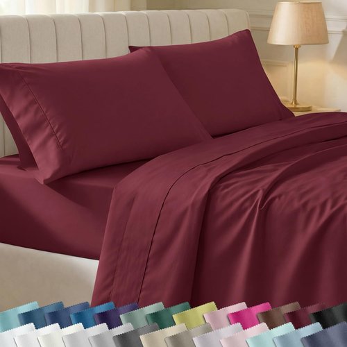 California Design Den Queen Size Bed Sheets Set - 100% Cotton, 400 Thread Count, Silky Smooth Sateen - Burgundy Red
