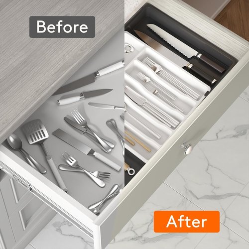 Lifewit Expandable Silverware Drawer Organizer - BPA-Free Utensil Tray for Kitchen | Adjustable 13-22 x 15" in White & Black