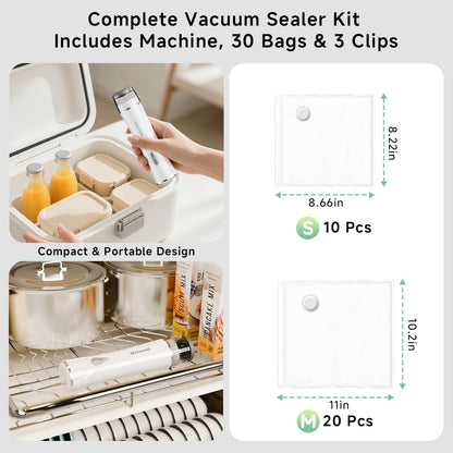 Skiennix Compact Vacuum Sealer - Powerful Handheld Machine with 30 Reusable Bags | Seals Food 6X Fresher