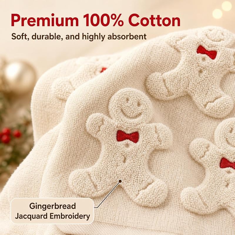 2Pcs Christmas Hand Towels for Bathroom - 100% Cotton, Gingerbread Jacquard Embroidery (Beige Gingerbread)