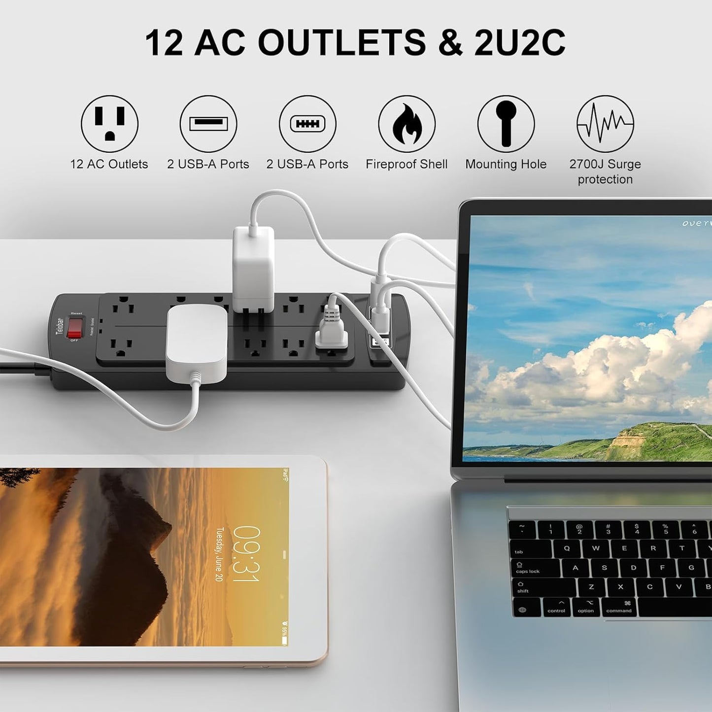 Teiobar 6 Ft Extension Cord Power Strip - Surge Protector with 12 AC Outlets & 4 USB Ports | Black, 1875W/15A, 2700 Joules