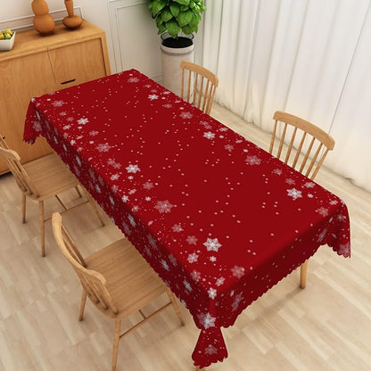 Rectangular 70x180 Inch Christmas Tablecloth - White Snowflakes Dots Red Pattern, 100% Polyester