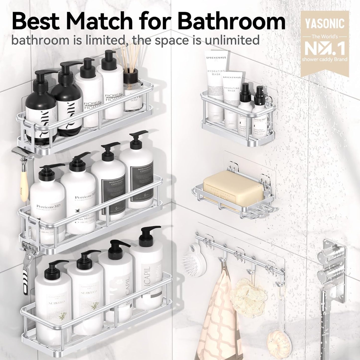 YASONIC Shower Caddy - 6 Pack Large Capacity Bath Organizer with Soap Holder & 12 Hooks | Rustproof Silver Shelves
