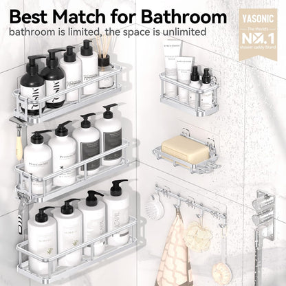 YASONIC Shower Caddy - 6 Pack Large Capacity Bath Organizer with Soap Holder & 12 Hooks | Rustproof Silver Shelves