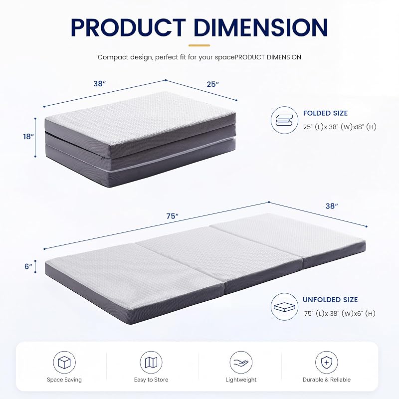 White 6 Inch Tri-Fold Memory Foam Mattress topper - Foldable Guest Bed for Camping