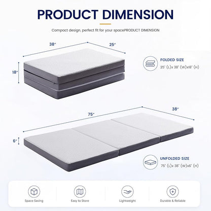 White 6 Inch Tri-Fold Memory Foam Mattress topper - Foldable Guest Bed for Camping