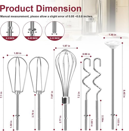 Kitchenaid Hand Mixer Attachments - Stainless Steel Beater, Whisk, Dough Hooks | Set of 6