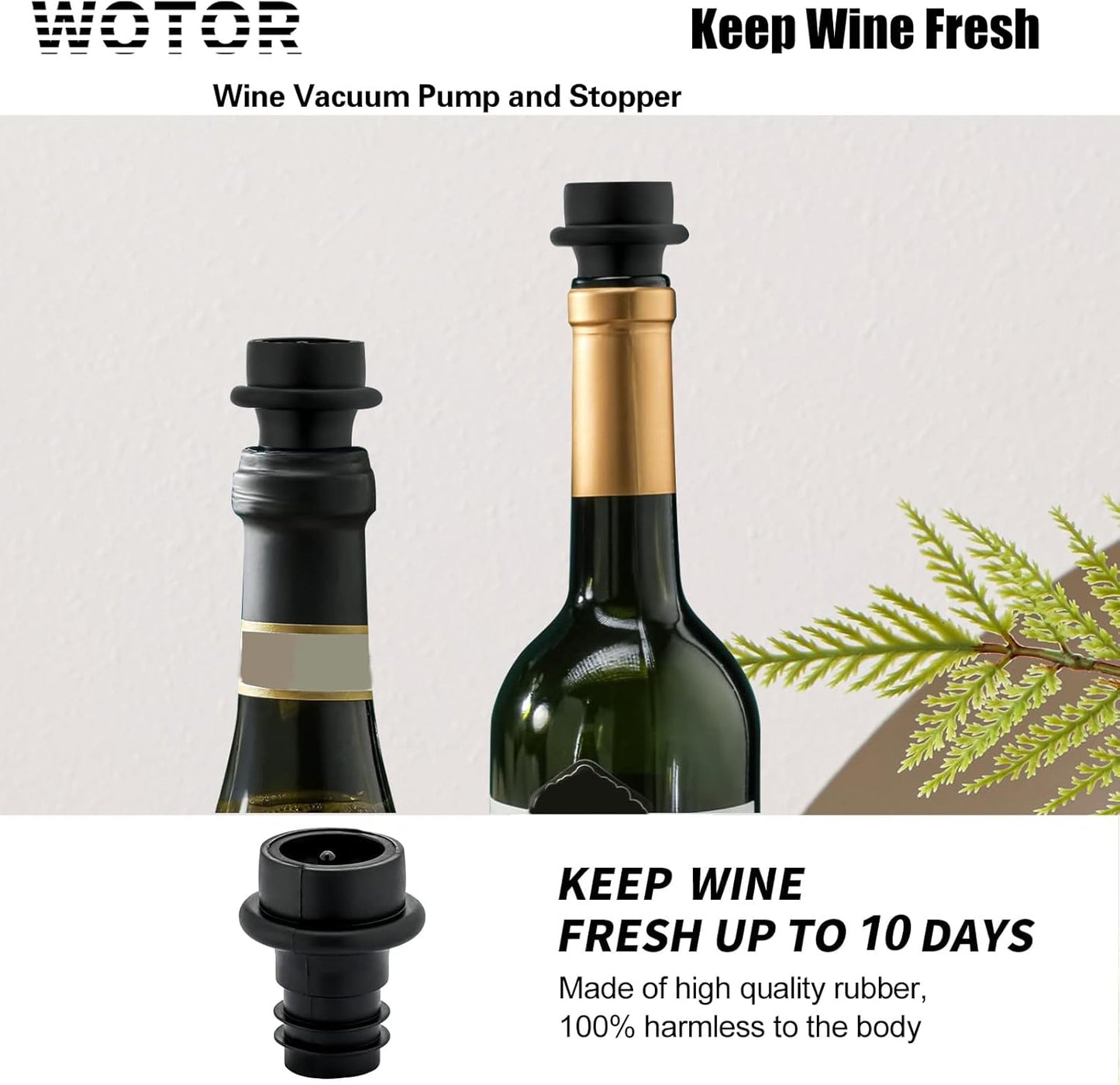 WOTOR Wine Saver Vacuum Pump with 20 Stoppers, Wine Stopper & Preserver, Reusable Bottle Sealer Keeps Fresh, Ideal Accessories Gift (Flat Handle) (Pack of 2)