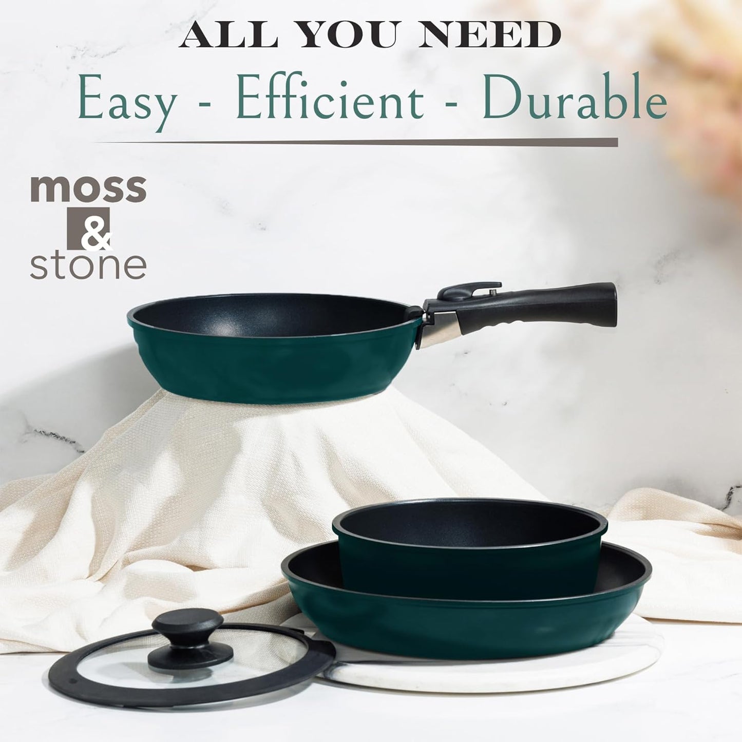 Moss & Stone Nonstick Aluminum Pots and Pans Set - 10-Piece Stackable Cookware in Blue | Dishwasher Safe