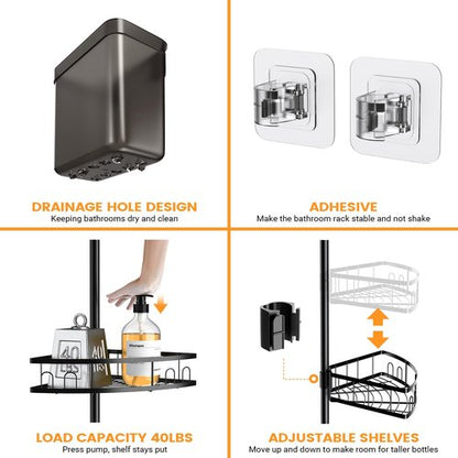 Foukus Tension Pole Shower Caddy Corner: Adjustable 4tier Bathroom Organizer Shelves - Rustproof Bathtub Shampoo Rack 43.5-120 inch