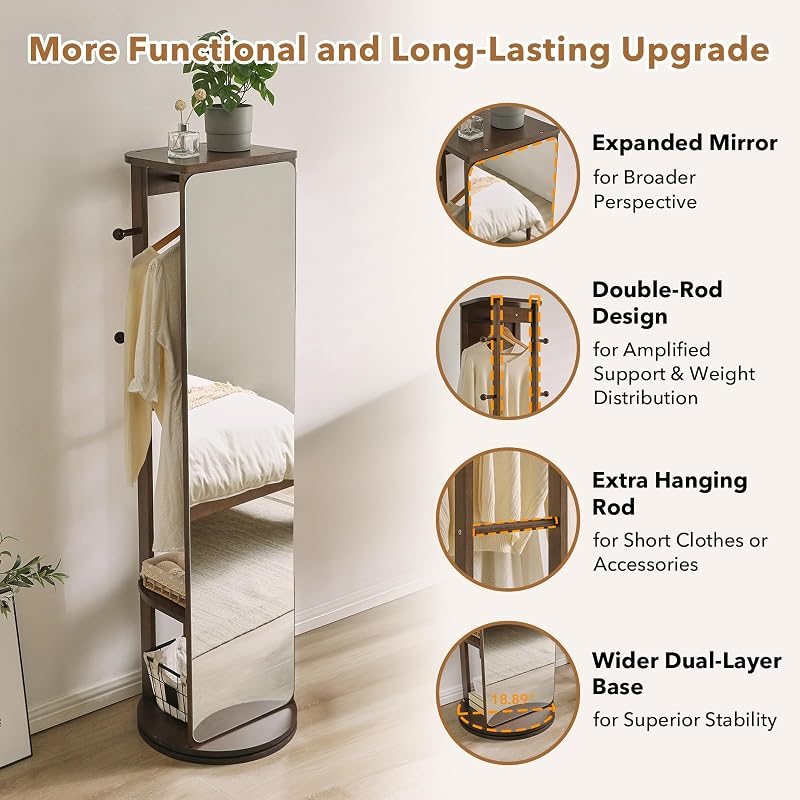 Full Length Mirror Coat Rack - 360° Rotating Standing Mirror with Storage (Variation: With Top)