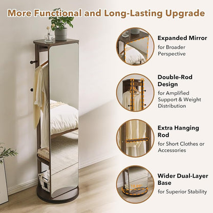 Full Length Mirror Coat Rack - 360° Rotating Standing Mirror with Storage (Variation: With Top)