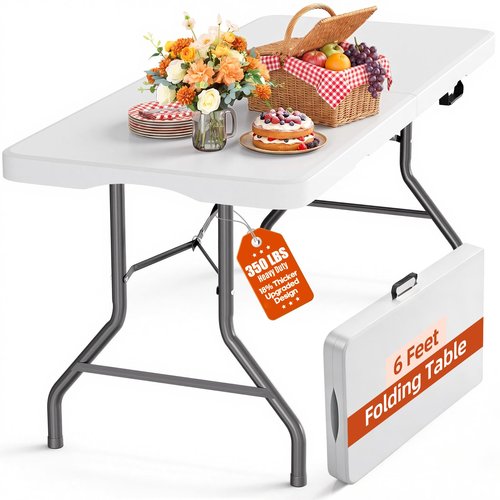LUCKPRO 6ft Folding Table Heavy Duty 350 LBS Capacity Foldable Table with 18% Thicker HDPE Waterproof Top & Reinforced Steel Frame, Portable Fold-in-Half Table for Outdoor Indoor Party Wedding Camping
