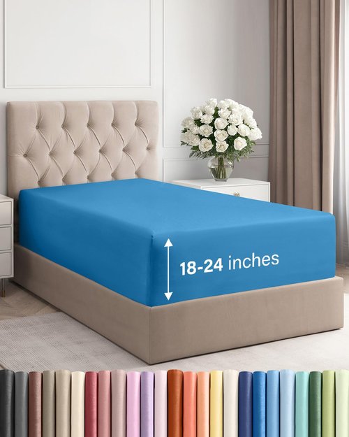 Extra Deep Twin XL Fitted Sheet - Hotel Luxury Single Fitted Sheet Only - Easily Fits 18 inch to 24 inch Mattress - Ultra Soft, Wrinkle Free with Extra Deep Pockets - Breathable & Comfy - Denim Blue