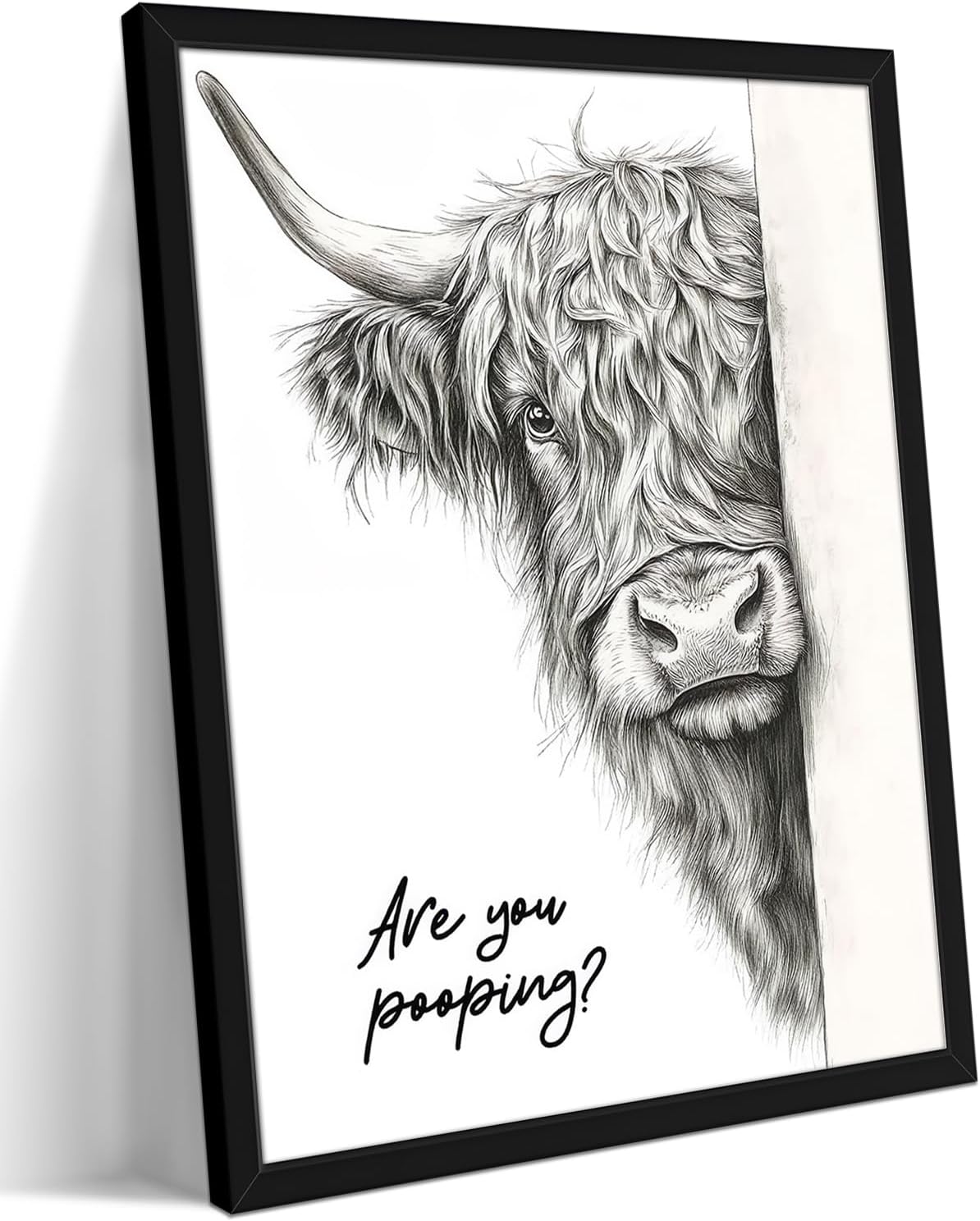 Skiennix Funny Highland Cow Wall Art - Black & White Rustic Bathroom Decor | 12x16 Inch Framed Canvas