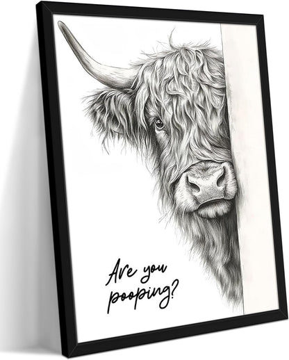 Skiennix Funny Highland Cow Wall Art - Black & White Rustic Bathroom Decor | 12x16 Inch Framed Canvas