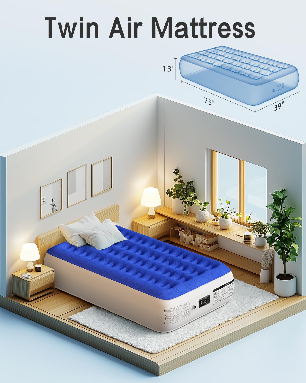 Xsleep Twin Air Mattress with Built in Pump Luxurious Comfort Raised Inflatable Mattress Twin Airbed Blow Up Mattress for Home and Guests 75"*39"*13" Air Bed 2 Minutes Fast Inflate/Deflate 330 lbs Max