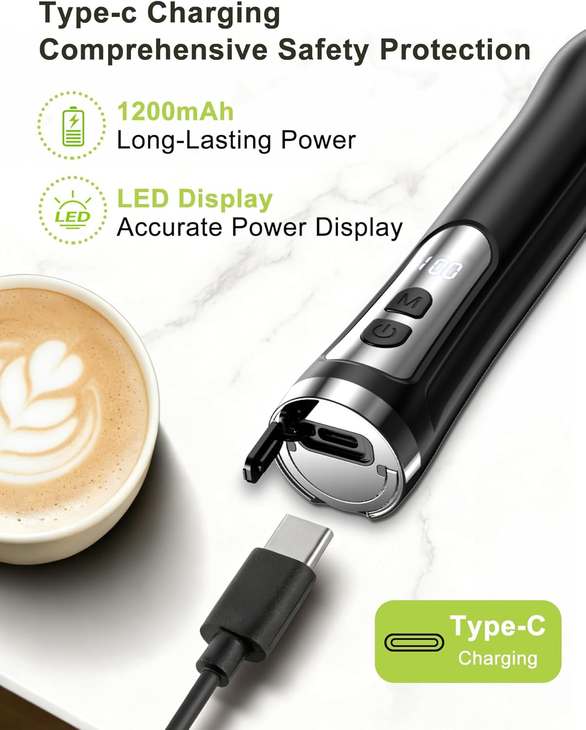 Skiennix Rechargeable Milk Frother - High-Power Handheld Foam Maker for Matcha & Lattes | IP67 Waterproof