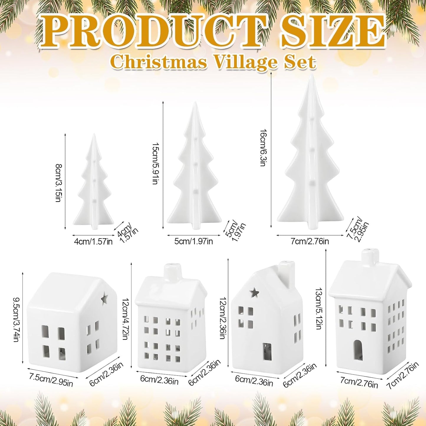Newtay Ceramic Christmas Village Set - 7 Pcs LED Light-Up White Houses & Xmas Trees for Rustic Holiday Decor