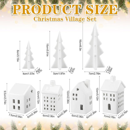 Newtay Ceramic Christmas Village Set - 7 Pcs LED Light-Up White Houses & Xmas Trees for Rustic Holiday Decor