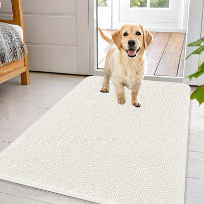 OLANLY Dog Door Mat - Absorbent Non-Slip Washable Doormat for Muddy Paws | 44x32 Ivory Chenille Carpet