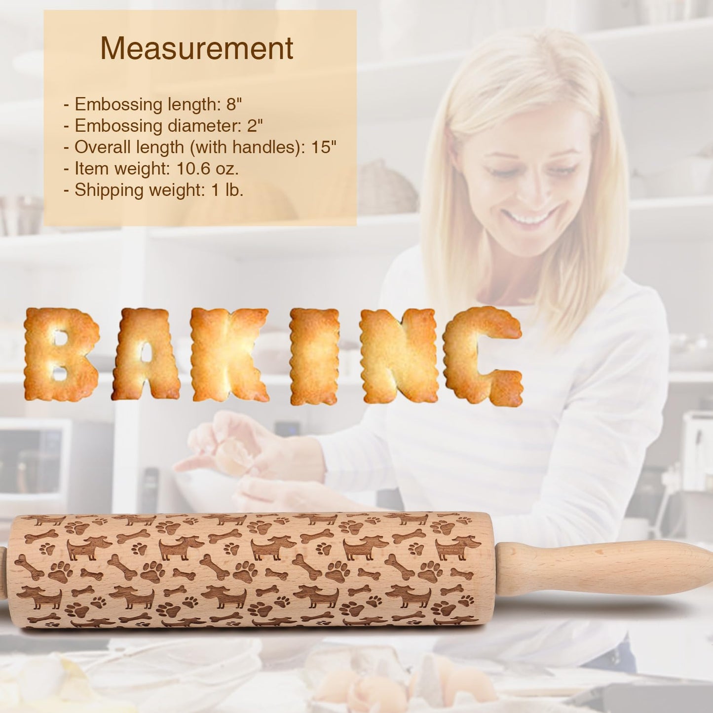 Embossed Rolling Pin for Baking Cookies Embossing Rolling Pins with Design Wooden Engraved Springerle Roller Pin Dough Animal Patterned Clay Pottery Ceramic Stamp Mold Gifts Bakers Women Kids (Dog)