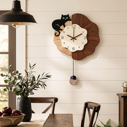 Vintage Farmhouse Cat Wall Clock with Pendulum 16x24in - Large Wall Clock for Bedroom, Silent Movement - Cat+Large