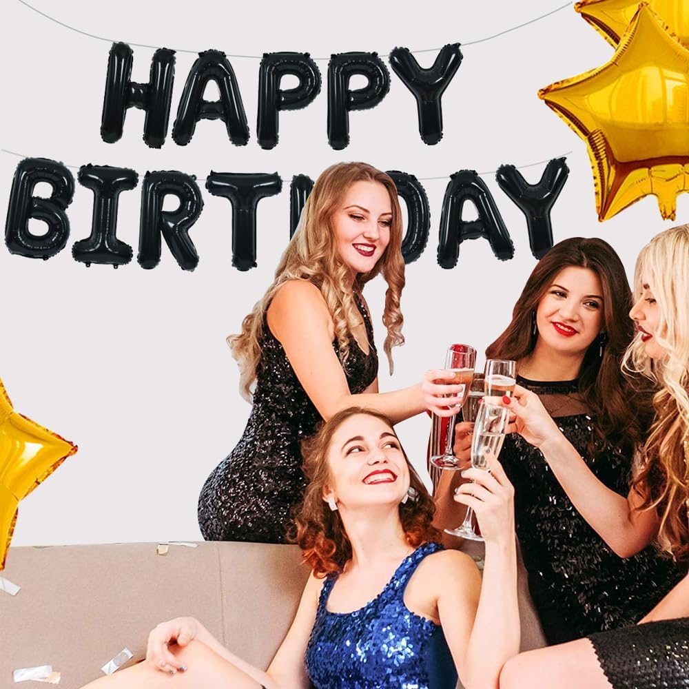 TONIFUL Black Happy Birthday Balloons Banner - 16 Inch Mylar Foil Letters for Adult Celebrations