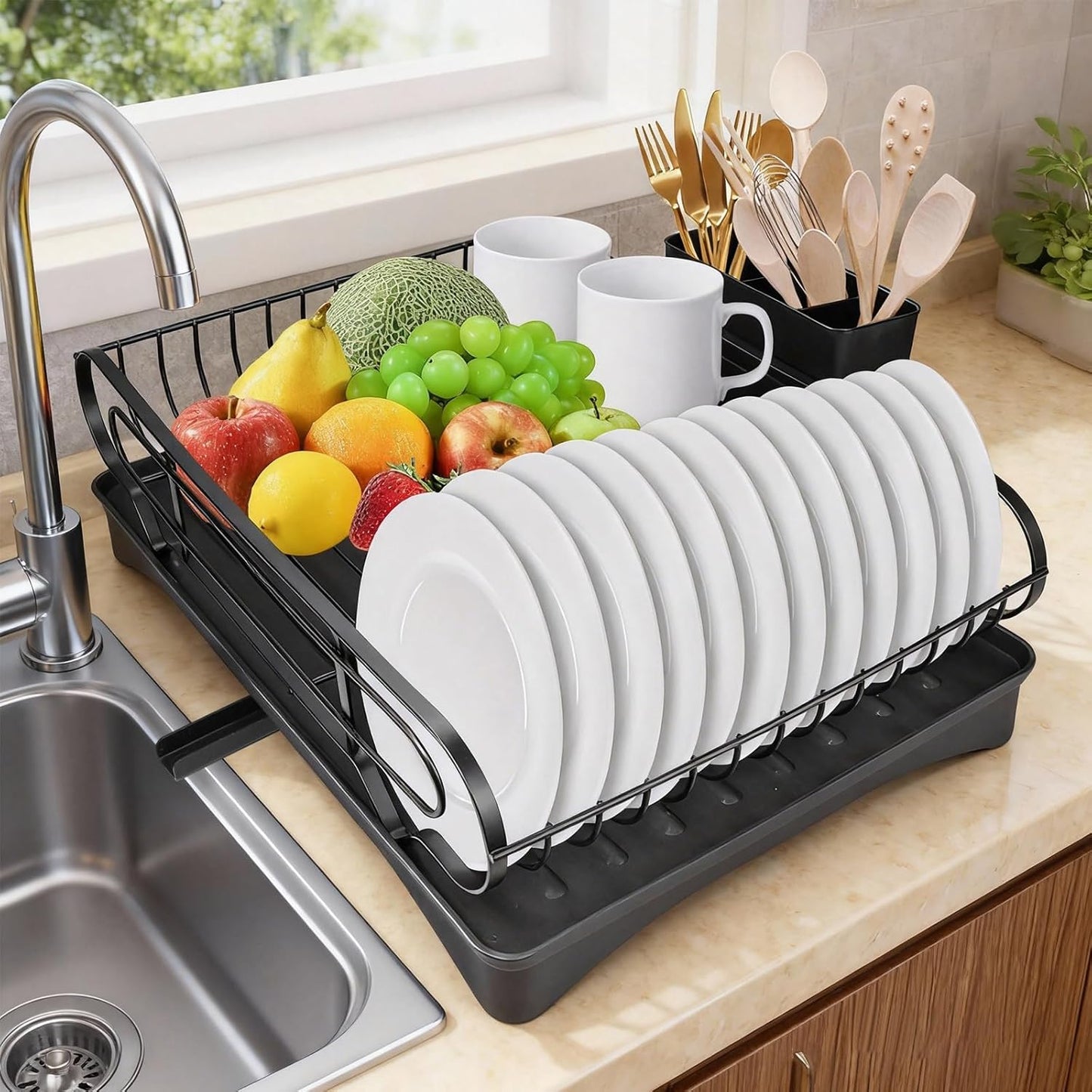 Skiennix Dish Drying Rack - Large Capacity, Rust Resistant with Cutlery Holder | 16.53''L x 11.8''W for Kitchen Organization