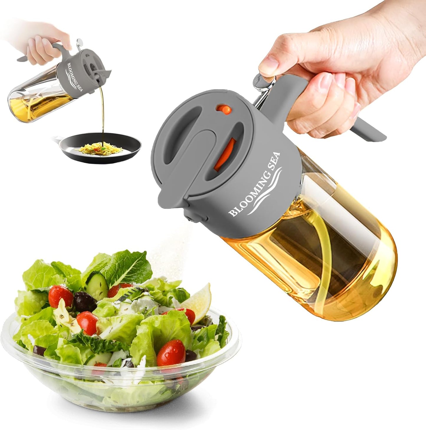 Skiennix 2-in-1 Oil Sprayer & Dispenser - 550ml Glass Olive Oil Bottle, BPA-Free & Leakproof, Gray