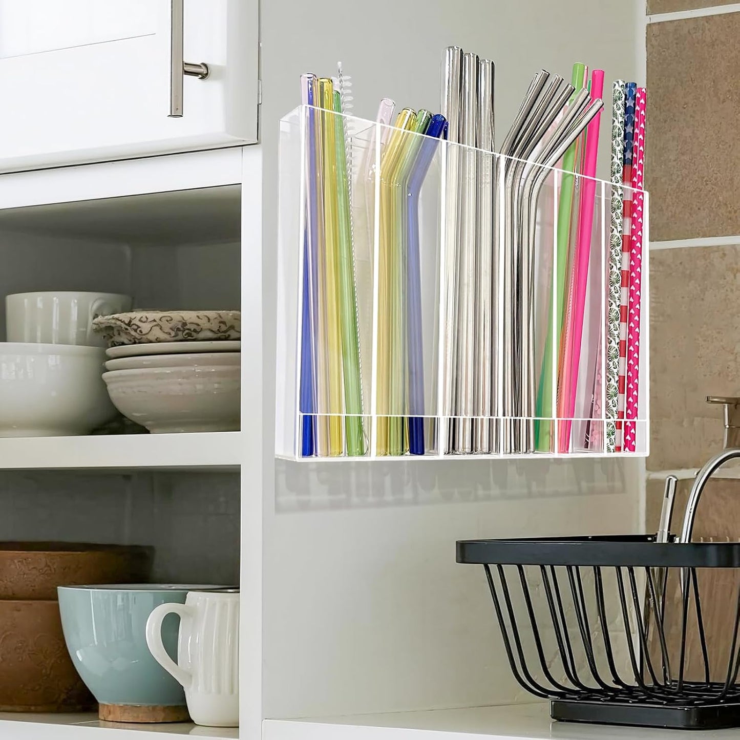 Skiennix 9.6” Large Acrylic Straw Holder - 6 Compartment Tumbler Organizer | Easy to Clean & Mount